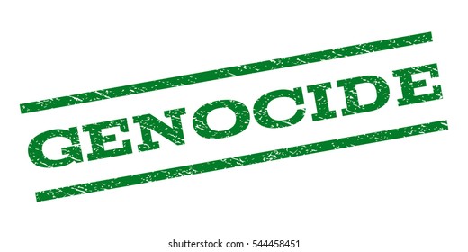 Genocide watermark stamp. Text caption between parallel lines with grunge design style. Rubber seal stamp with dust texture. Vector green color ink imprint on a white background.
