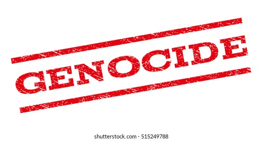 Genocide watermark stamp. Text tag between parallel lines with grunge design style. Rubber seal stamp with unclean texture. Vector red color ink imprint on a white background.