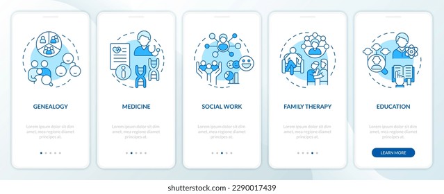Genograms usage blue onboarding mobile app screen. Relationships. Walkthrough 5 steps editable graphic instructions with linear concepts. UI, UX, GUI template. Myriad Pro-Bold, Regular fonts used