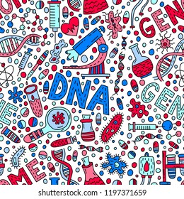 Genom seamless pattern with lettering and doodles
