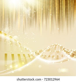 Genome bigdata visualization. DNA chain over abstract golden background with falling arrays of digits. Vector illustration.