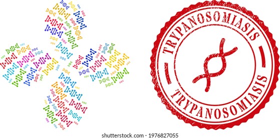 Genome code bright rotation flower with 4 petals, and red round TRYPANOSOMIASIS scratched stamp print. Genome code symbol inside round stamp imitation.
