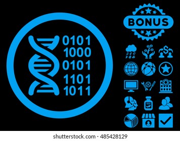 Genome Code icon with bonus symbols. Vector illustration style is flat iconic symbols, blue color, black background.
