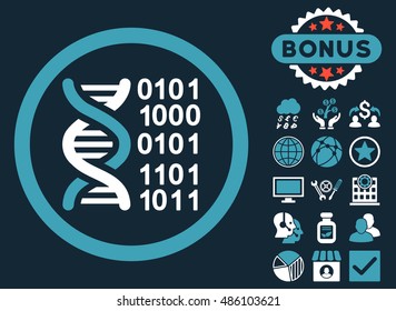 Genome Code icon with bonus symbols. Vector illustration style is flat iconic bicolor symbols, blue and white colors, dark blue background.