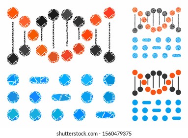 Genome code mosaic of irregular items in various sizes and shades, based on genome code icon. Vector irregular elements are organized into collage. Genome code icons collage with dotted pattern.