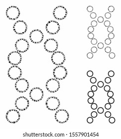 Genome composition of joggly pieces in various sizes and color tinges, based on genome icon. Vector joggly elements are grouped into collage. Genome icons collage with dotted pattern.