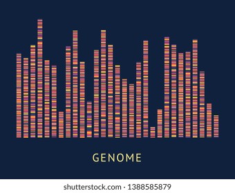 Genome data pattern visualisation diagram. DNA sequence and chromosome mapping analytics, colorful genomic big data analysis - vector illustration on black background