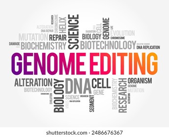 Genome Editing is a group of technologies that give scientists the ability to change an organism's DNA, text word cloud concept background. No AI generated content