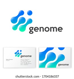 Genome logo. Abstract round shapes like molecules or gene. Blue cells on a white background. Business card.