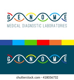 Genome logo of medical clinic diagnostic laboratories. Color vector DNA spiral on white and navy blue background.