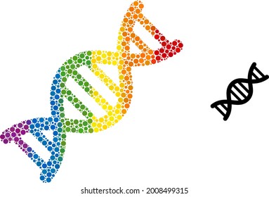 Genome molecule mosaic icon of filled circles in different sizes and spectrum colored shades. A dotted LGBT-colored genome molecule for lesbians, gays, bisexuals, and transgenders.