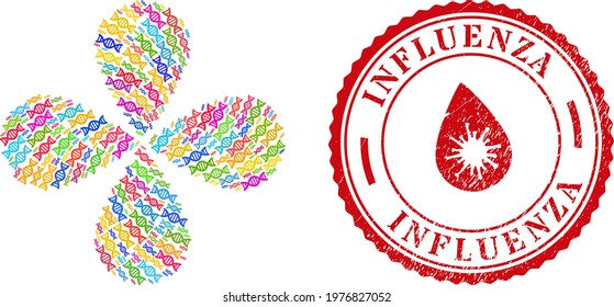 Genome molecule multicolored rotation abstract flower, and red round INFLUENZA dirty seal. Genome molecule symbol inside round rubber print.