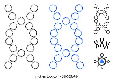 Genome mosaic of round dots in different sizes and color tinges, based on genome icon. Vector dots are composed into blue mosaic. Dotted genome icon in usual and blue versions.