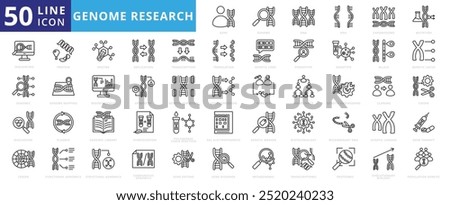 Genome research icon set with dna, rna, chromosome, mutation, sequencing, genomic, nucleotide, codon, protein, enzyme, transcription and replication.