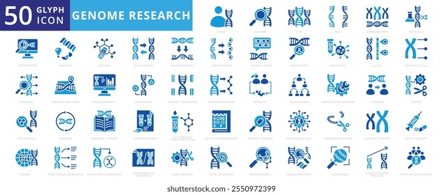 Genome research icon set of genomic, dna, engineering, protein, biology, biotechnology, genetic, chromosome, mutation, cloning, enzyme, marker, rna, heredity, transcription, inheritance, nucleotide