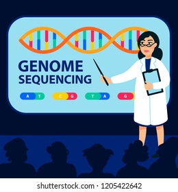 Genome sequencing concept. Female scientist makes a report at a genome sequencing conference Molecule helix of dna, genome or gene structure. Human genome project. Flat style vector illustration.