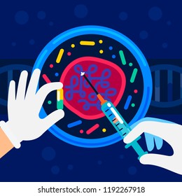 Genome Sequencing Concept. Nanotechnology And Biochemistry Laboratory. The Hands Of A Scientist Working With A Cell, Genome Or Gene Structure. Human Genome Project. Flat Style Vector Illustration