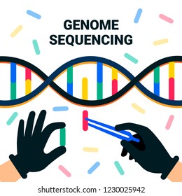 genome sequencing concept. Nanotechnology and biochemistry laboratory. The hands of a scientist working with a dna helix, genome or gene structure. Human genome project. Flat style vector illustration