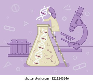 Genome sequencing, DNA, DNA research, scientist in the laboratory, medicine, illustration, vector.