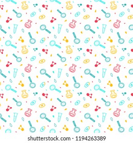 Genome sequencing pattern in bright colors. Background in Doodle style. DNA, genome, scissors, test tube.