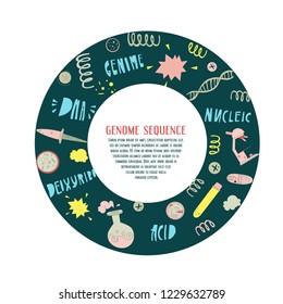 Genome Sequencing. Unique Round Vector Illustration With Text. Good For Site, Article, Poster. Doodle Style