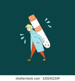 Genome sequencing. Unique vector illustration. Cute character scientist. Doodle style