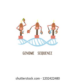 Genome sequencing. Unique vector illustration. Cute robots. Doodle style