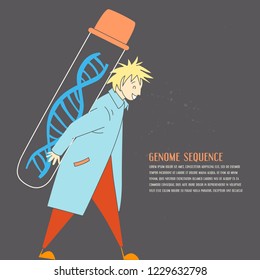 Genome sequencing. Unique vector illustration of scientist with test tube for medicine journal or site.