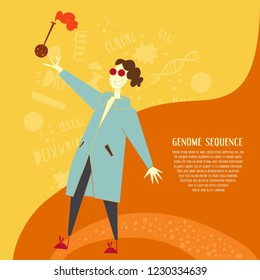 Genome sequencing. Unique vector illustration of scientist with test tube for medicine journal or site.