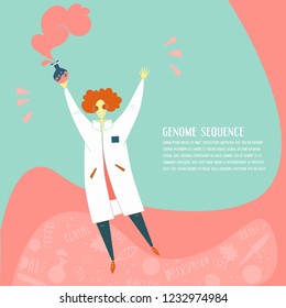 Genome sequencing. Unique vector illustration of scientist with test tube for medicine journal or site.