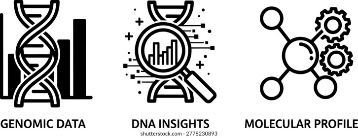 Genomic data DNA insights and molecular profile line icons set with insights molecular genetics research analysis molecule technology laboratory experiment discovery infographic abstract