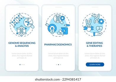 Genomic medicine blue onboarding mobile app screen. Genes study walkthrough 3 steps editable graphic instructions with linear concepts. UI, UX, GUI template. Myriad Pro-Bold, Regular fonts used