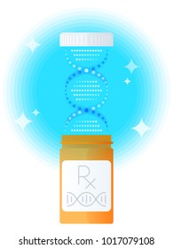 Genomic personalized medicine. Flat vector illustration of orange bottle for pills and DNA genome helix. Design concept of modern and future medicine, treatment, therapy, personal cure and medication.