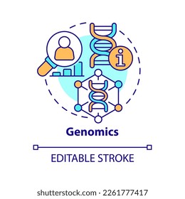 Icono de concepto de genómica. El ADN y los genes estudiando. Ilustración en línea delgada de ideas abstractas de tendencias de tecnología de la información. Dibujo de contorno aislado. Trazo editable. Fuentes Arial, Myriad Pro-Bold utilizadas