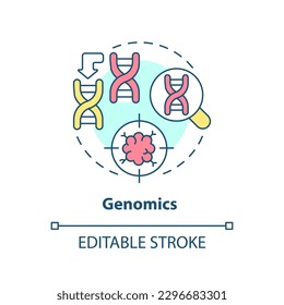 Genomics concept icon. Identifying genetic variations. Prevention of potential diseases risk. Precision medicine factor abstract idea thin line illustration. Isolated outline drawing. Editable stroke