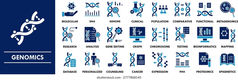 Genomics duotone icon collection set. Containing design genome, dna, rna, genetic, gene