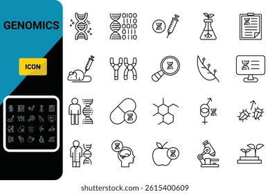 Genomics icon set. DNA, engineering, genetic, gene analysis, report, lab, technology, Chromosome, mutation, and so on Linear icon collection. Editable stroke. Vector illustration