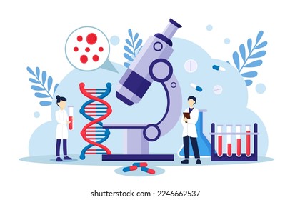 Genomics scene . Scientists are doing research in laboratory room . Genome therapy concept . Flat design . Vector .