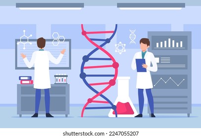 Genomics scene . Scientists are doing research in laboratory room . Genome therapy concept . Flat design . Vector .