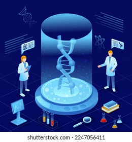 Genomics scene . Scientists are doing research in laboratory room . Genome therapy concept . Isometric design . Vector .