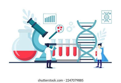 Genomics scene . Scientists are doing research in laboratory room . Genome therapy concept . Flat design . Vector .