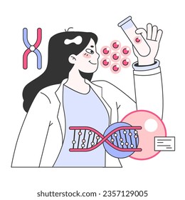 Genomics. Scientists analyzing DNA helix. Genetic engineering. Scientist work with DNA molecule structure. Genetic test analysis and genetic disease prevention. Flat vector illustration