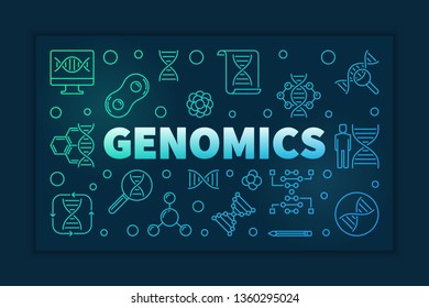 Genomics vector colorful horizontal banner in linear style on dark background