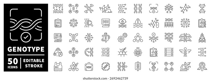Conjunto de iconos de genotipo: iconos de línea editables, ADN de estilo lineal y símbolos de genoma
