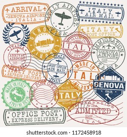 Genova Italy Stamp Vector Art Postal Passport Travel Design Set Badges.