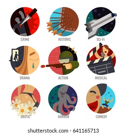 Genre Cinema Set Icons Cinematography Comedy Flat Entertainment Movie Symbol Vector Illustration.