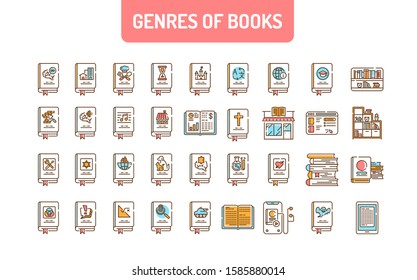 Genres of books color line icons set. Collection of all genres in literature. Pictogram for web page, mobile app, promo. UI UX GUI design element. Editable stroke.