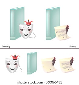 Genres of books. Icons for the site. Comedy and Poetry.Old paper scroll, quill pen, theatrical mask with jester hat and book isolated on a white background. Retro style. Vintage. Vector illustration. 