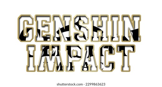 Fuente de texto GENSHIN IMPACT, GAMES MOBILE, alfabeto de bombilla 3d con marco dorado aislado en fondo blanco. fuente de goteo lustroso dorado. Ilustración vectorial.