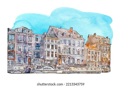 Gent belgium watercolor hand drawn illustration isolated on white background